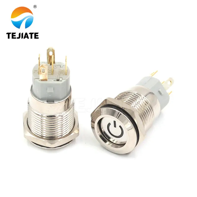 1PCS 24V 16MM Flat Header Annular Metal Button Switch Self Reset Or Self Locking Power With Waterproof Metal Base