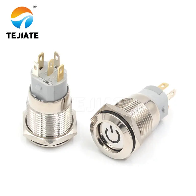 1PCS 24V 16MM Flat Header Annular Metal Button Switch Self Reset Or Self Locking Power With Waterproof Metal Base