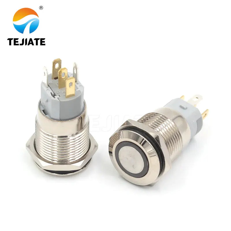 1PCS 24V 16MM Flat Header Annular Metal Button Switch Self Reset Or Self Locking Power With Waterproof Metal Base