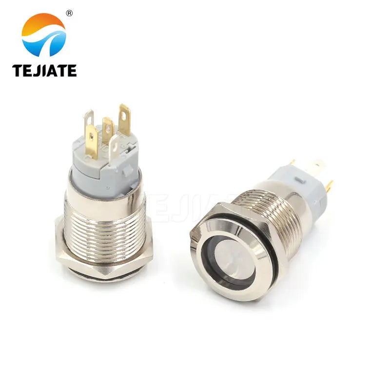 1PCS 24V 16MM Flat Header Annular Metal Button Switch Self Reset Or Self Locking Power With Waterproof Metal Base