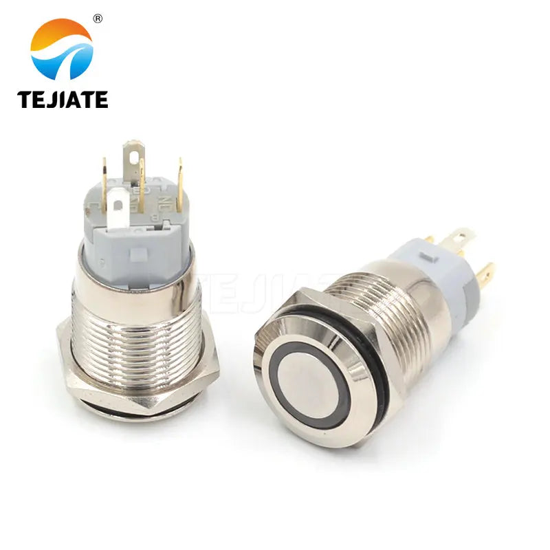 1PCS 24V 16MM Flat Header Annular Metal Button Switch Self Reset Or Self Locking Power With Waterproof Metal Base