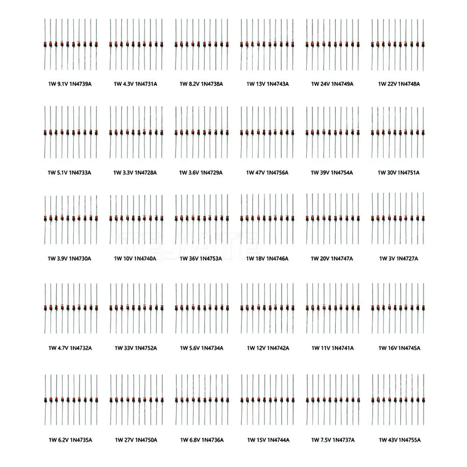 1W Zener Diode Assorted Kit (3V 3.3V 3.6V 5.1V 5.6V 7.5V 10V 12V 13V 15V 16V 18V 20V 22 Voltage stabilizing
