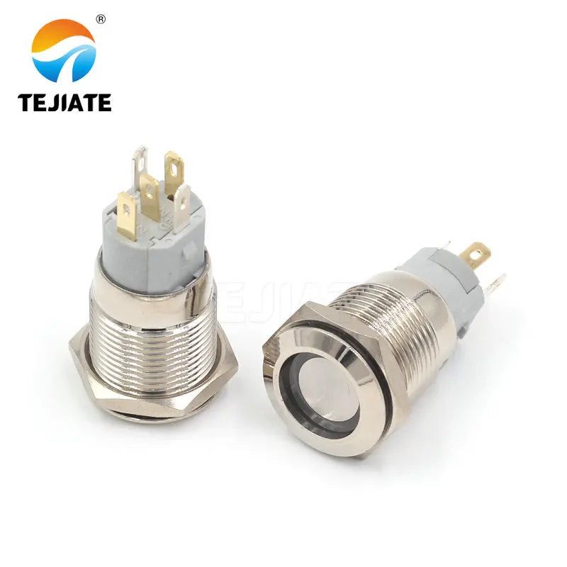 1PCS 24V 16MM Flat Header Annular Metal Button Switch Self Reset Or Self Locking Power With Waterproof Metal Base