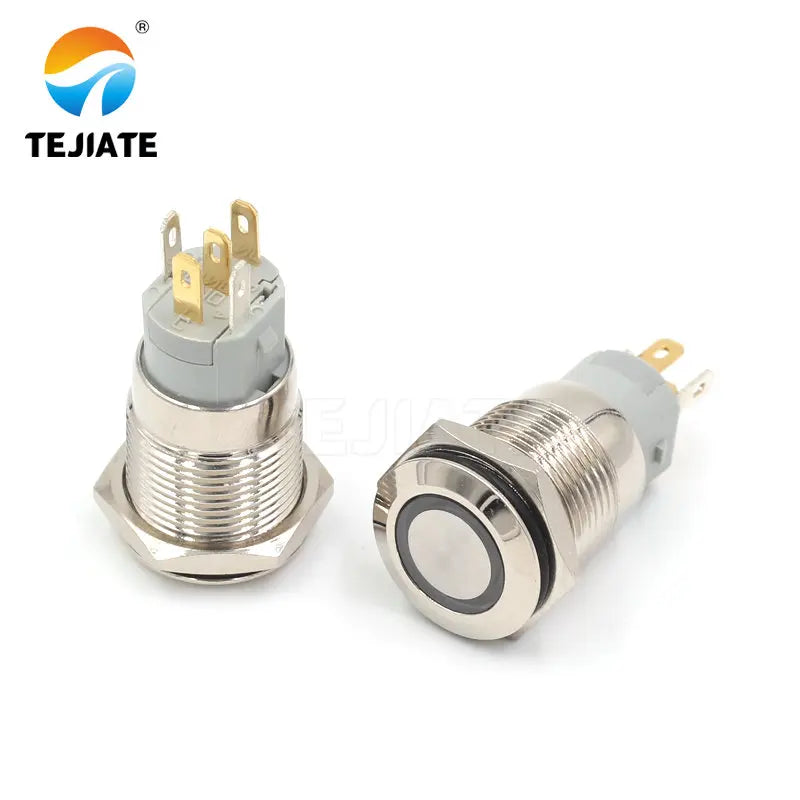 1PCS 24V 16MM Flat Header Annular Metal Button Switch Self Reset Or Self Locking Power With Waterproof Metal Base