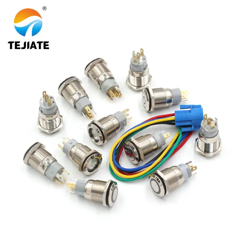 1PCS 24V 16MM Flat Header Annular Metal Button Switch Self Reset Or Self Locking Power With Waterproof Metal Base