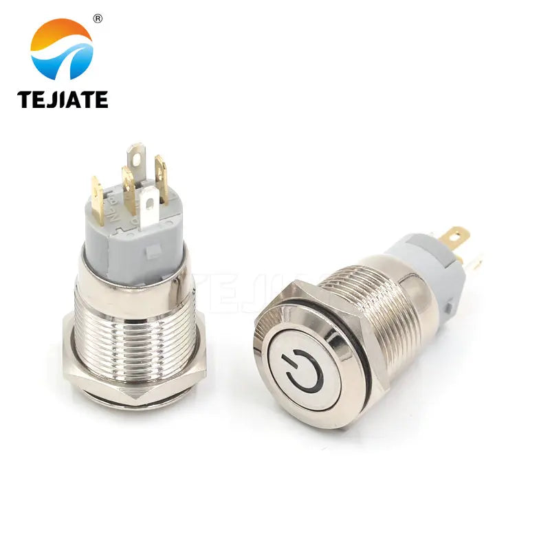 1PCS 24V 16MM Flat Header Annular Metal Button Switch Self Reset Or Self Locking Power With Waterproof Metal Base