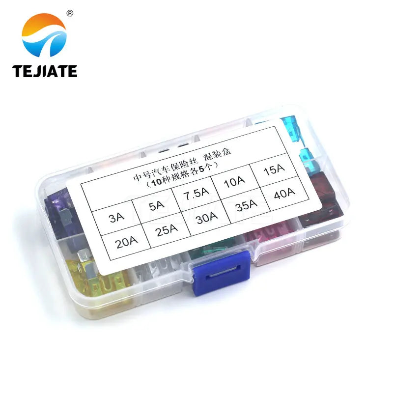50pcs/lot Car Auto Medium Size Standard Blade Fuse Box Plastic Box Assortment with 3A 5A 7.5A 10A 15A 20A 25A 30A 35A 40A Fuses
