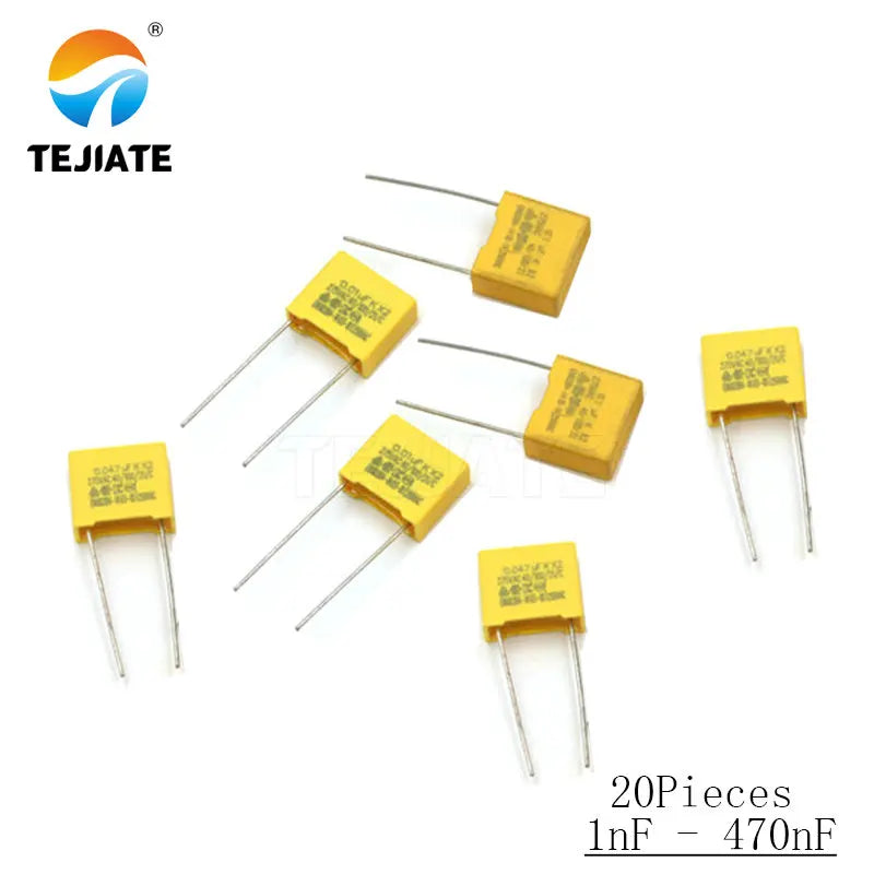 20pcs Polypropylene Safety Plastic Film 100V 1nF ~ 470nF 100nf 220nf 10nf 47nf 22nf 1nf 0.47uf 0.1uf Correction capacitor