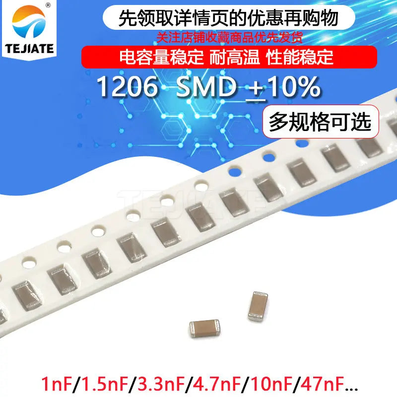 100pcs 1206（3.2MM*1.6MM） SMD Chip Multilayer Ceramic Capacitor 102K 1nF 1000pF 152 3.3nF 103k 10NF 220 68pf