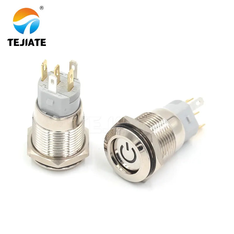 1PCS 24V 16MM Flat Header Annular Metal Button Switch Self Reset Or Self Locking Power With Waterproof Metal Base