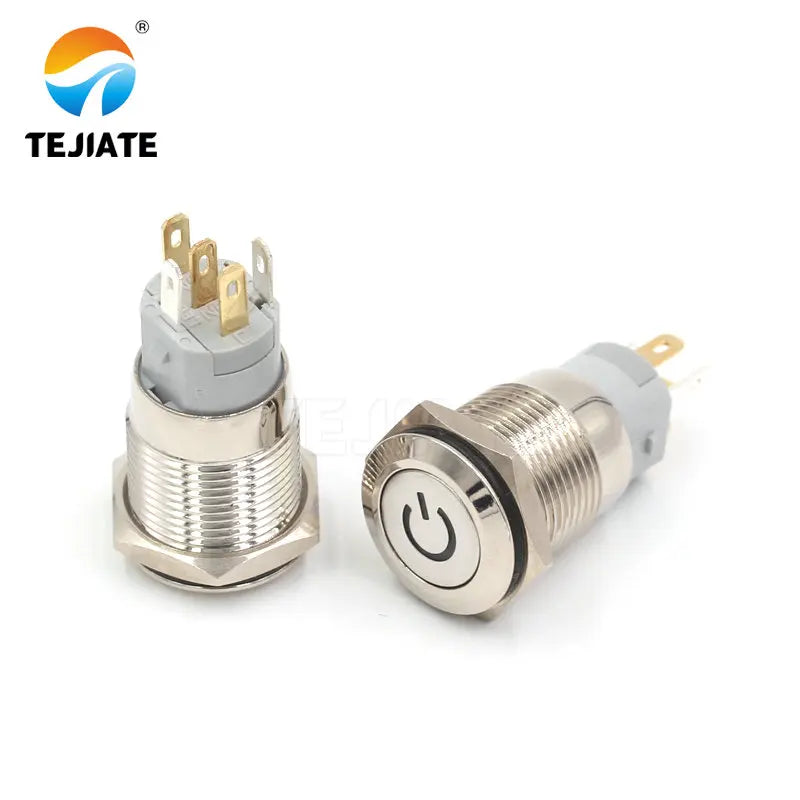 1PCS 24V 16MM Flat Header Annular Metal Button Switch Self Reset Or Self Locking Power With Waterproof Metal Base