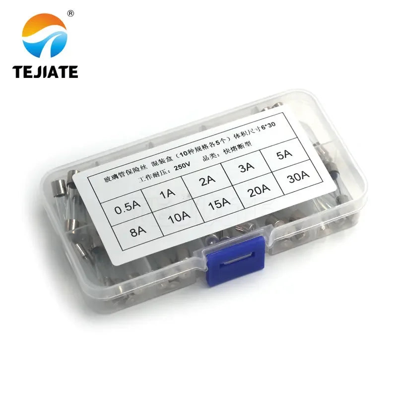 50Pcs/lot 6x30mm Quick Blow Glass Tube Fuse Assorted Kit Fast Blow Glass Fuses 250V 0.5A A 2A 3A 5A 8A 10A 15A 20A 30A