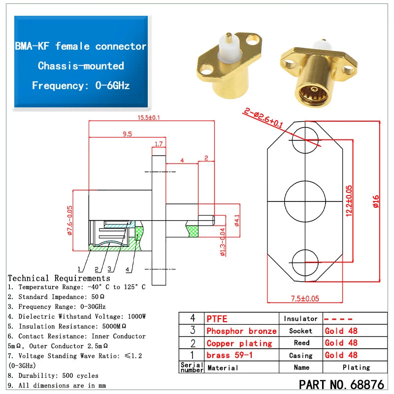 BMA with diamond-shaped 2-hole RF connector BMA-KF female connector Cabinet mounting Frequency: 0 - 6G