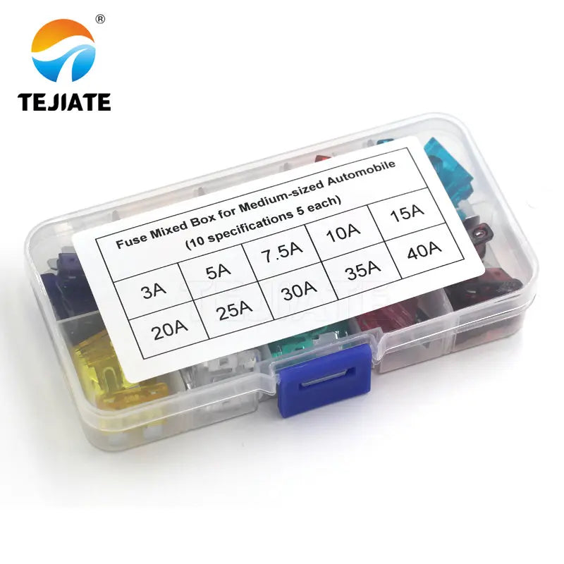 50pcs/lot Car Auto Medium Size Standard Blade Fuse Box Plastic Box Assortment with 3A 5A 7.5A 10A 15A 20A 25A 30A 35A 40A Fuses